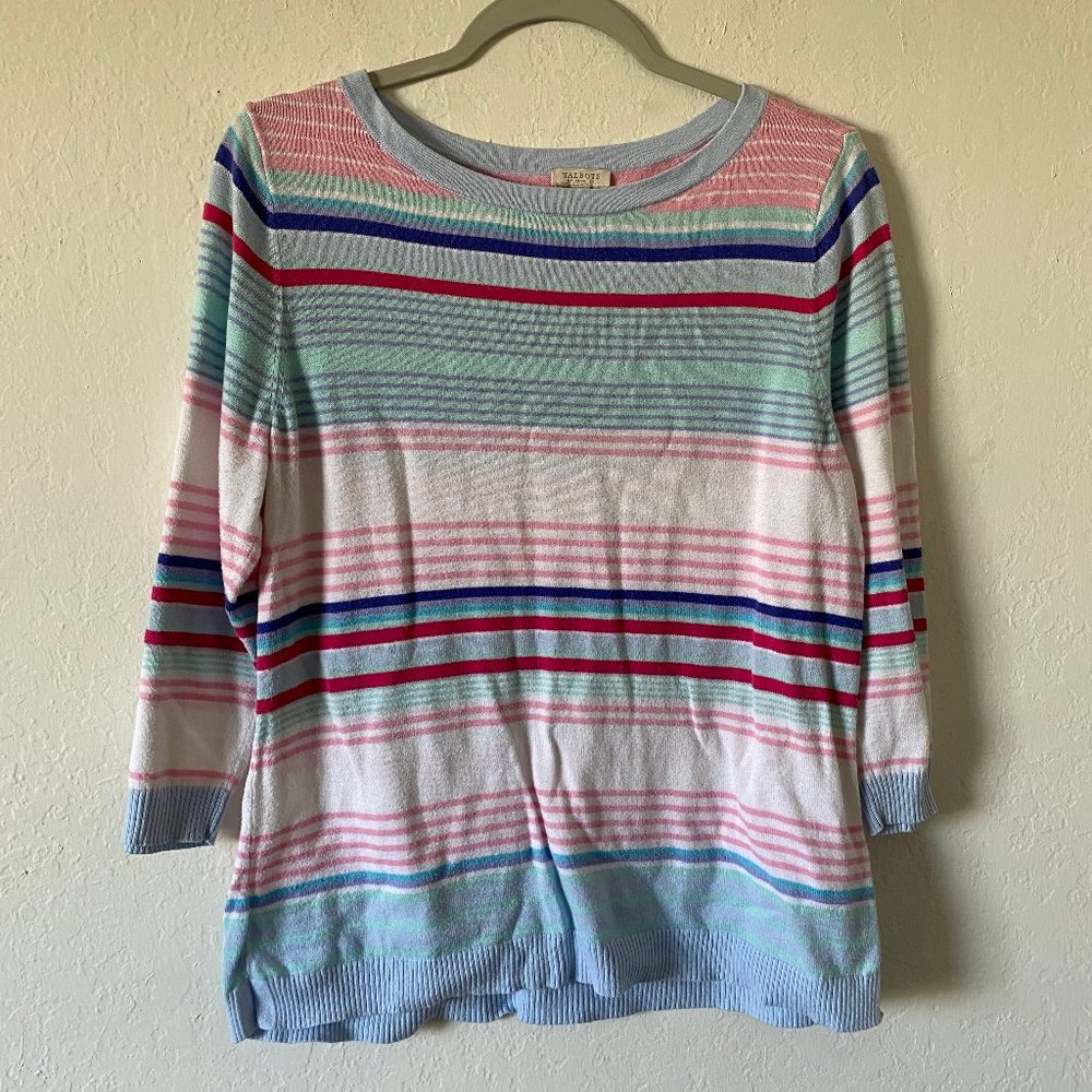 Talbots Womens Sweater Top Stripe Petite Size PM Scoop Neck 3/4 Sleeve Ribbed